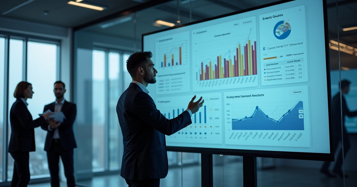 Gestor de RH utilizando painel de gestão online em tela grande 