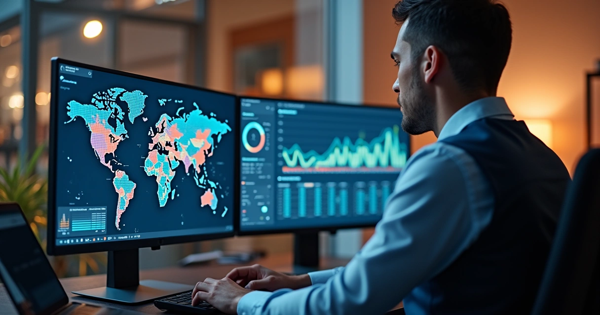 Profissional verificando relatórios tributários em dois monitores, gráficos e dados digitais em destaque.