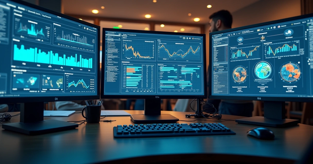 Telas de computadores mostrando painéis de monitoramento de TI