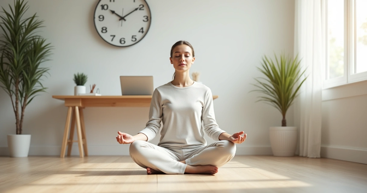 Pessoa meditando em frente a relógio grande em ambiente de trabalho organizado 