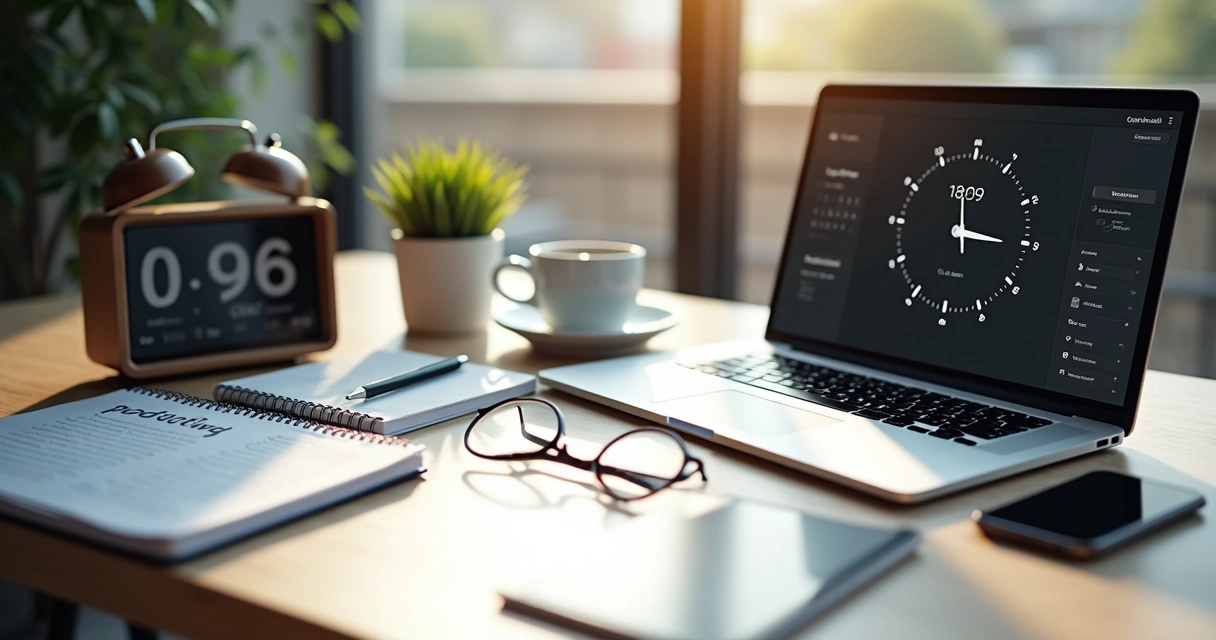 Mesa de trabalho organizada com laptop, relógio, caderno e smartphone, destacando controle de tempo para autônomos digitais 