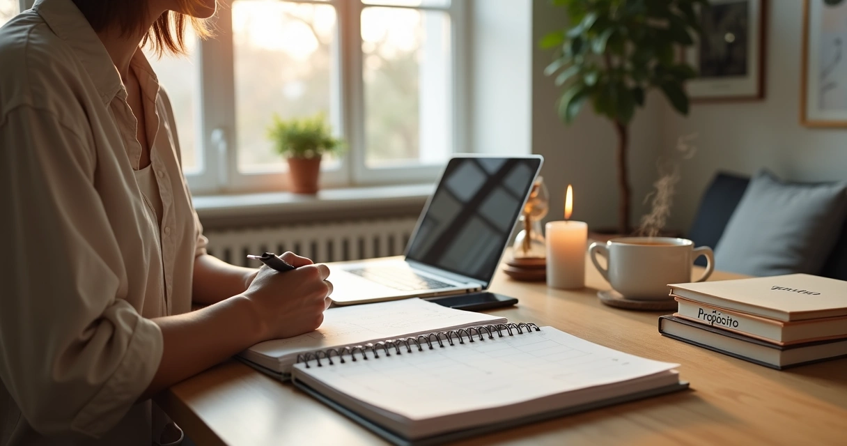 Pessoa organizando o tempo com agenda e elementos de bem-estar em um ambiente calmo 