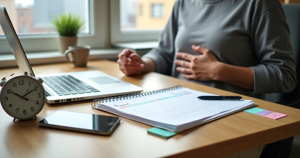Pessoa organizando o dia com agenda, relógio e respiração consciente junto à janela 