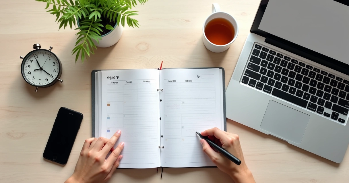 Pessoa organiza o dia em agenda ao lado de relógio e notebook 