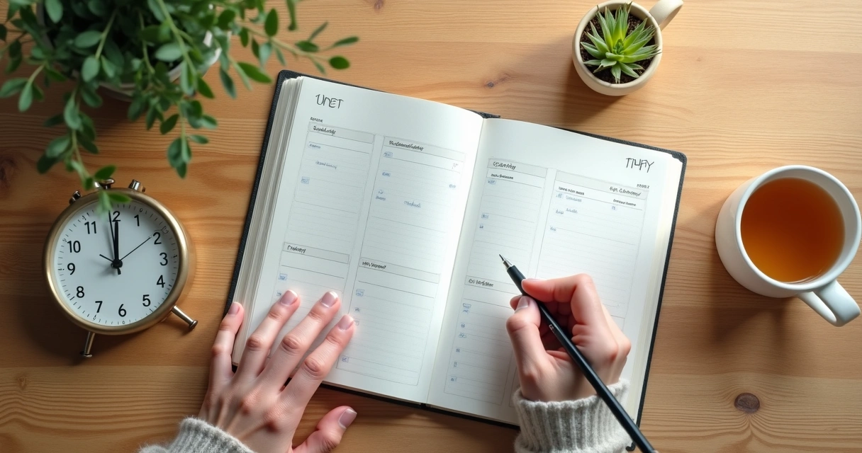 Pessoa organizando o dia em um planner com relógio e xícara de chá ao lado 