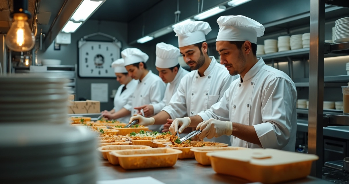 Equipe de cozinha preparando pedidos enquanto monitora relógio de parede grande 
