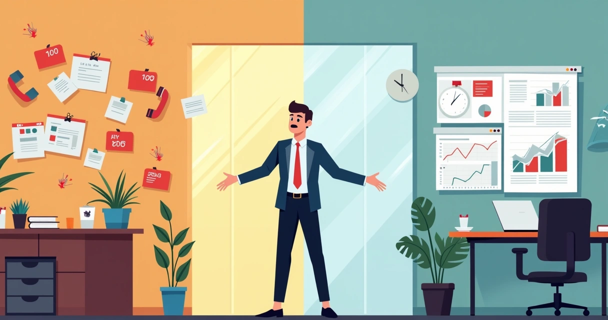 Empresário dividindo tempo entre apagar incêndios e trabalho estratégico em um escritório 