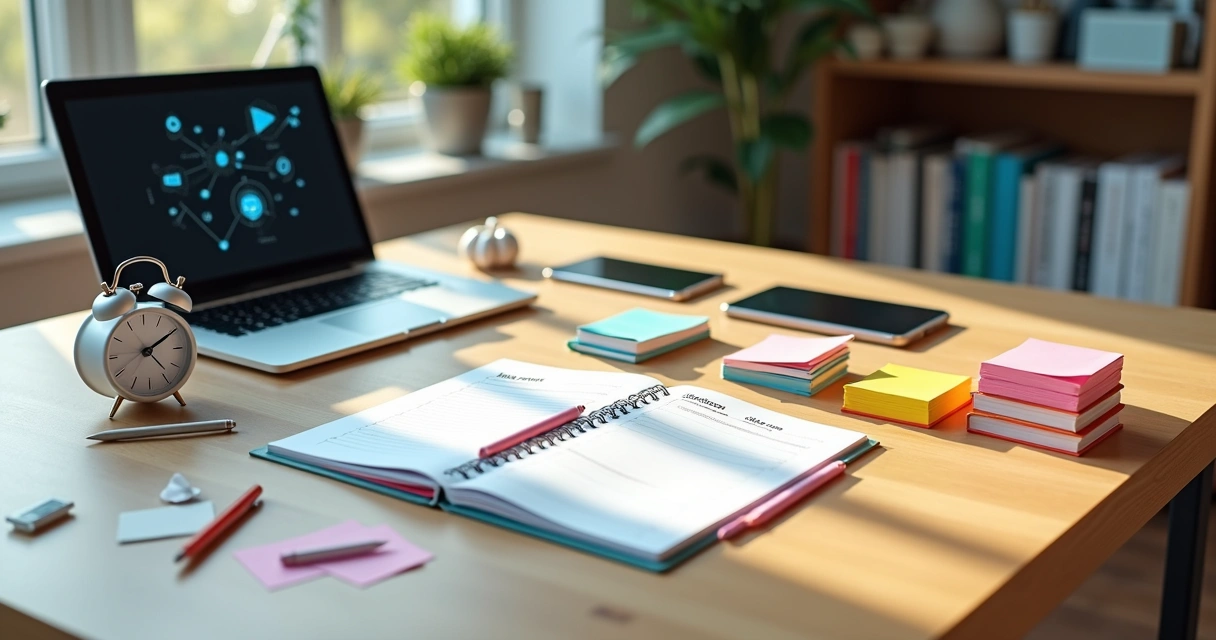 Mesa organizada com planner semanal, relógio e ícones digitais representando produtividade 