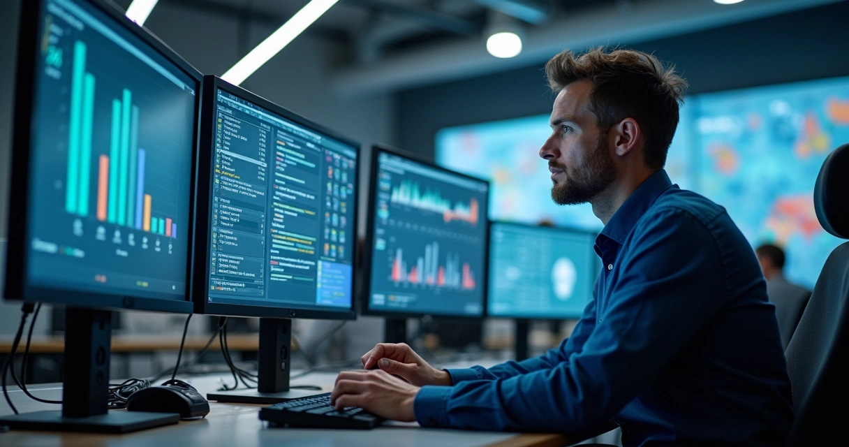 Gestor de facilities analisando indicadores em tela de computador 