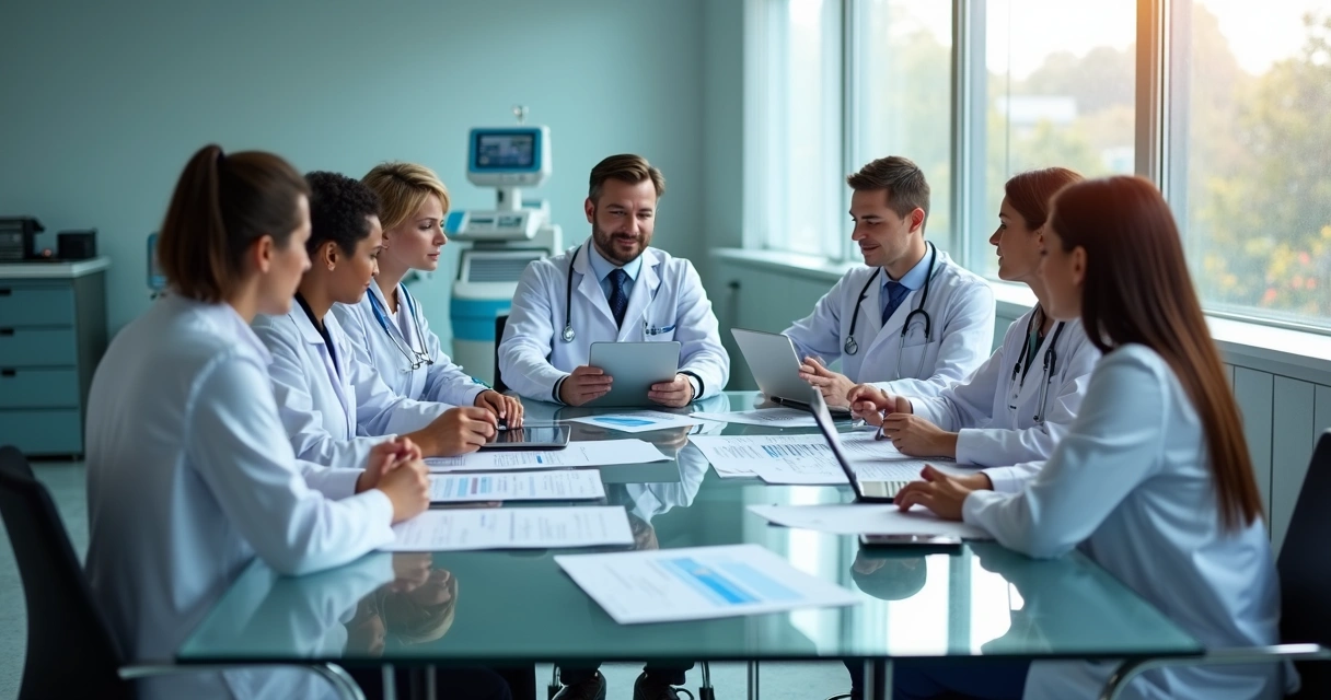 Equipe médica especializada em reunião de planejamento com documentos e dispositivos digitais 