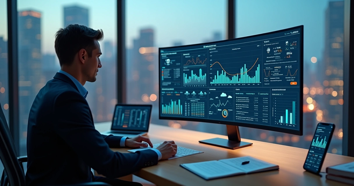 Profissional analisando painel de tesouraria com gráficos financeiros e automação de pagamentos 
