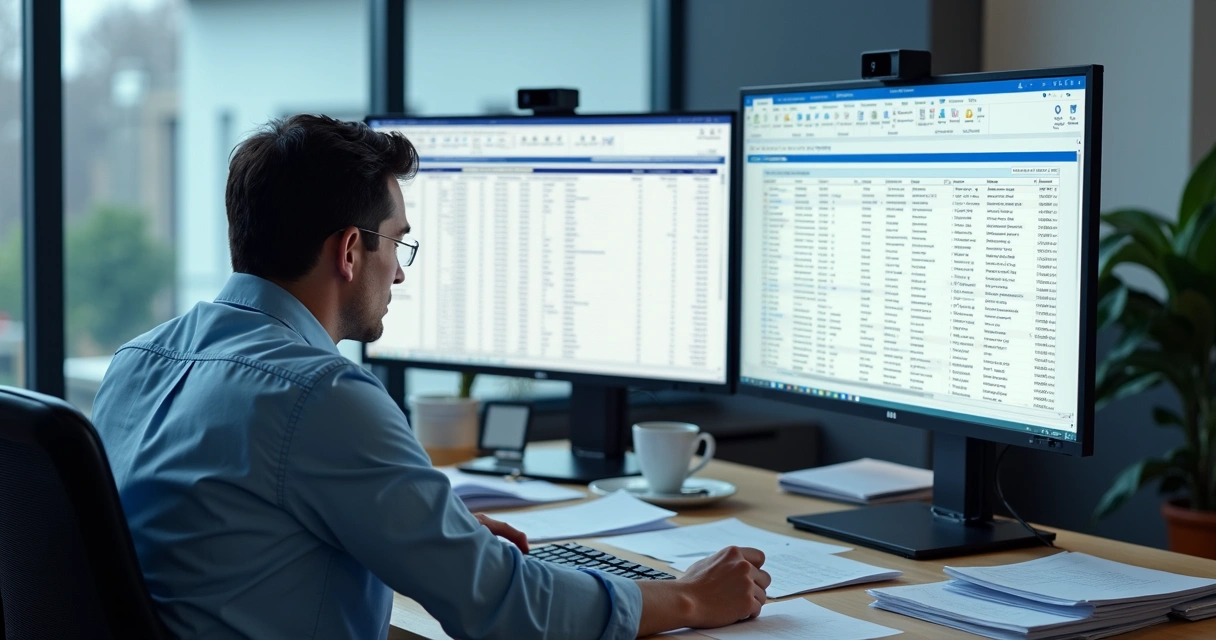 Profissional de TI analisando planilha e portal de gestão de licenças 