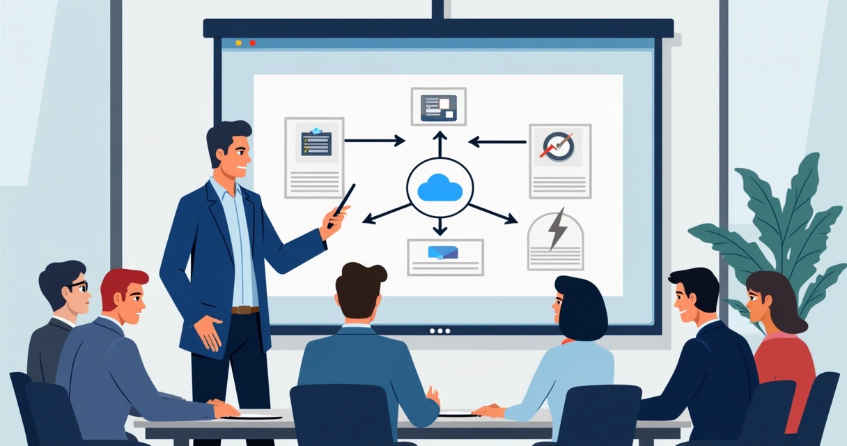 Gestor de TI apresenta plano de migração em reunião com equipe diante de tela digital 