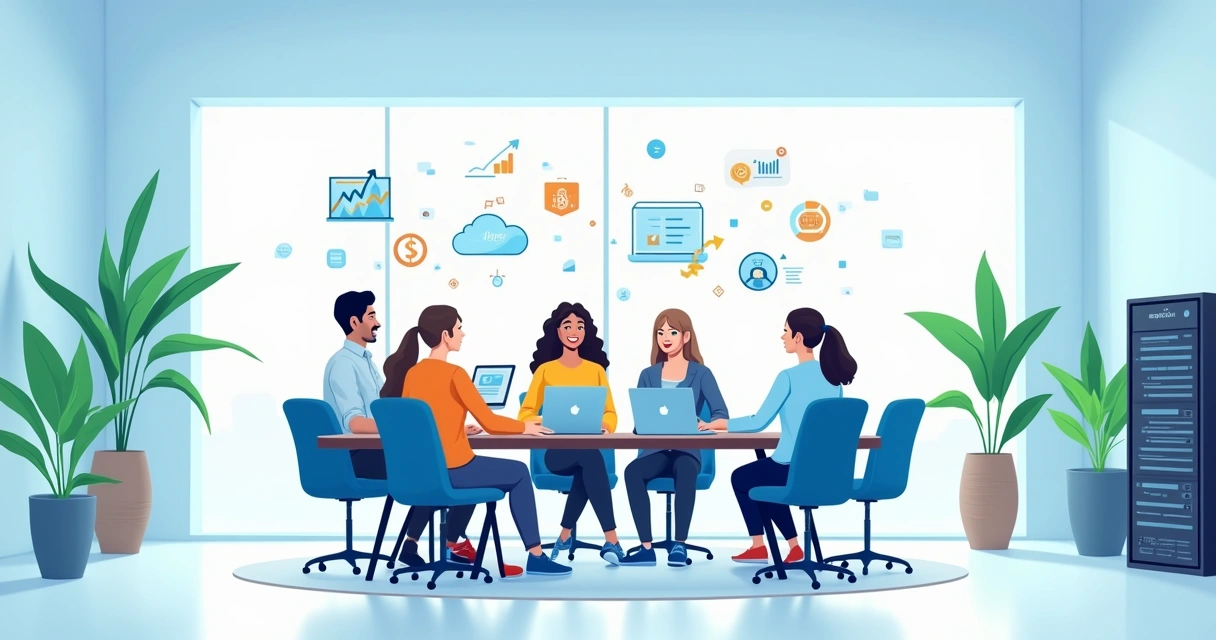 Ambiente de escritório moderno com equipe de TI colaborando, tecnologia e ícones de gestão de TI.
