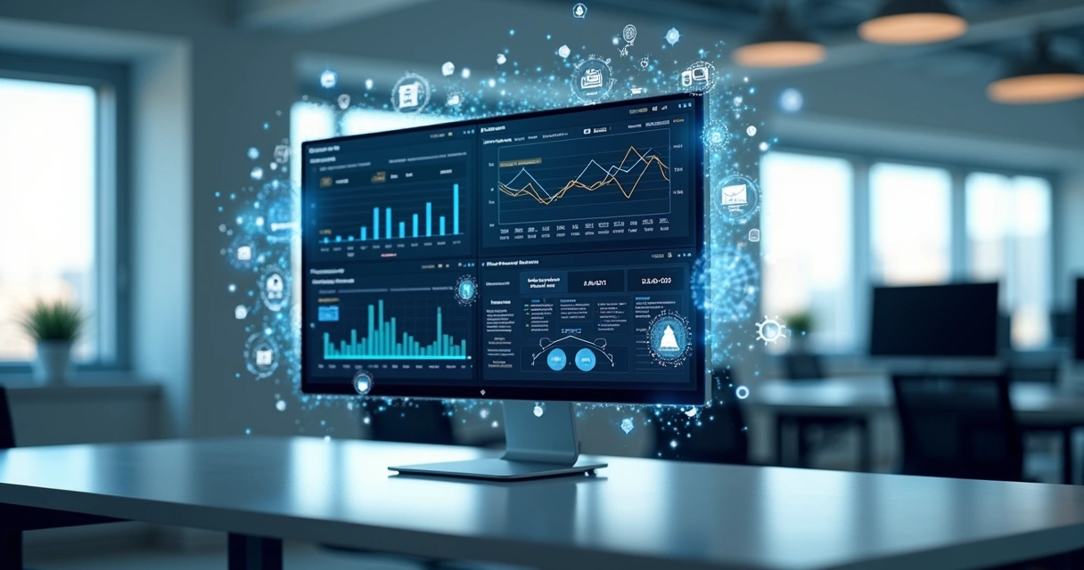 Computador com tela exibindo gráficos de gestão de TI com ícones de tecnologia ao redor 