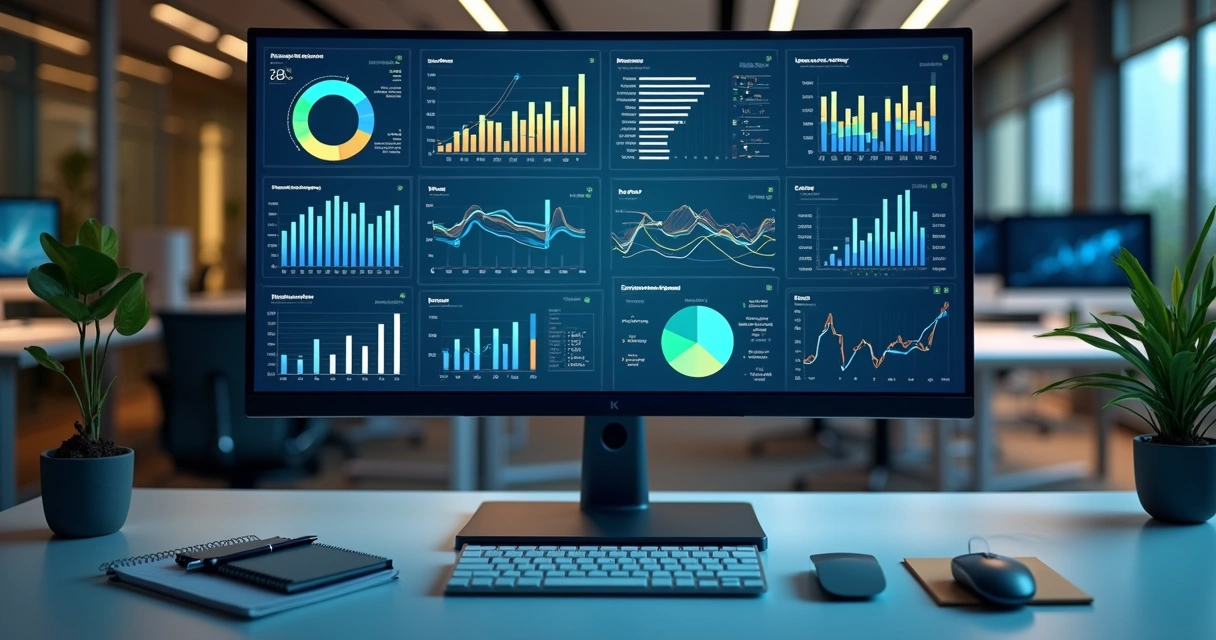 Tela de computador mostrando gráficos e indicadores de gestão de TI com análise futura para 2026 