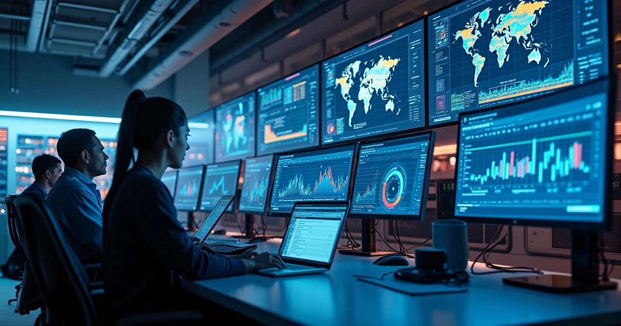 Centro de operações de TI com várias telas exibindo gráficos e monitoramento em tempo real 