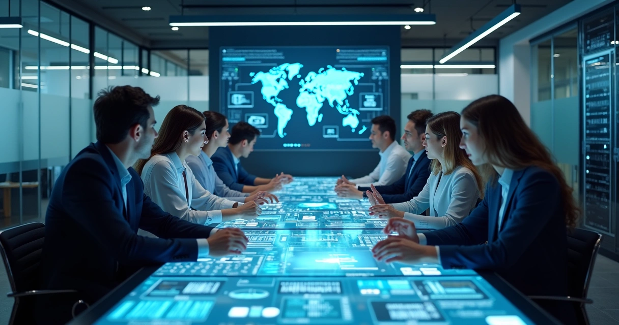 Equipe de TI colaborando com painéis digitais e automação 