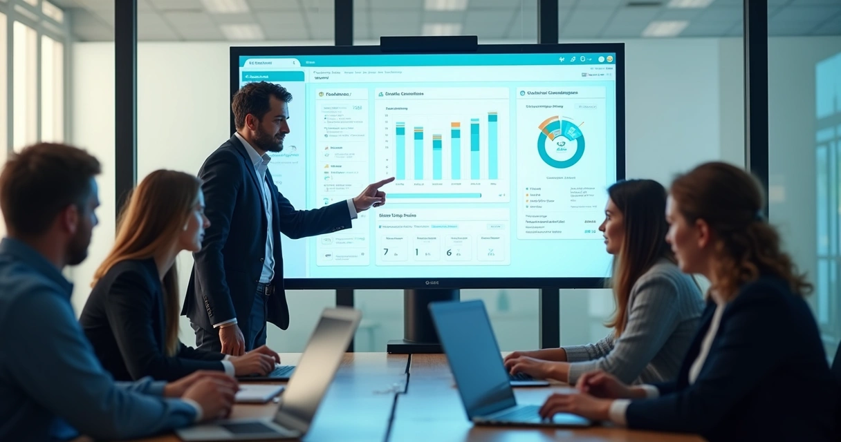 Equipe de mentoria reunida em painel digital colaborativo