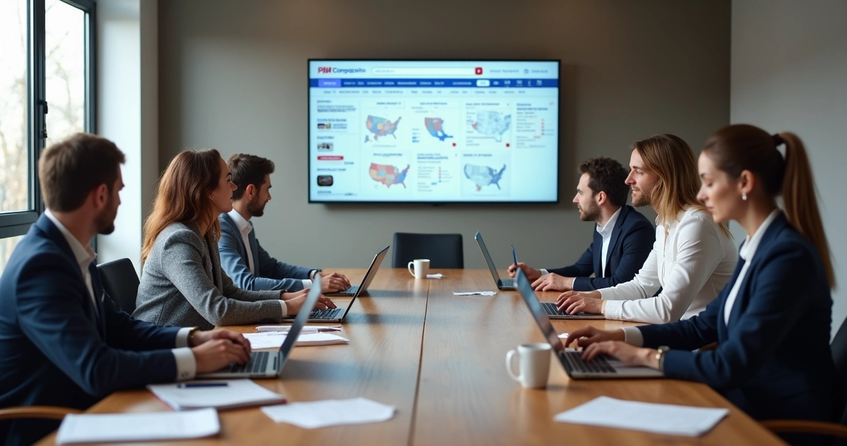 Equipe de assessores políticos utilizando tablets e notebook em reunião 