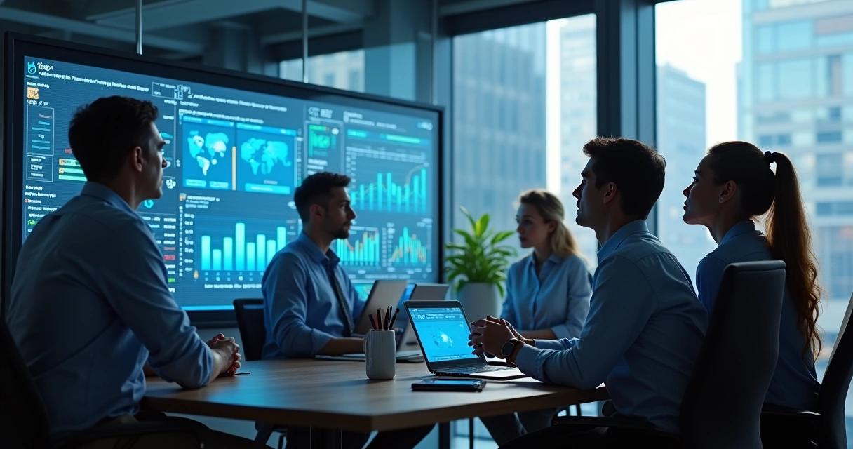 Equipe de vendas analisando dados comerciais em tela digital, ambiente corporativo moderno. 