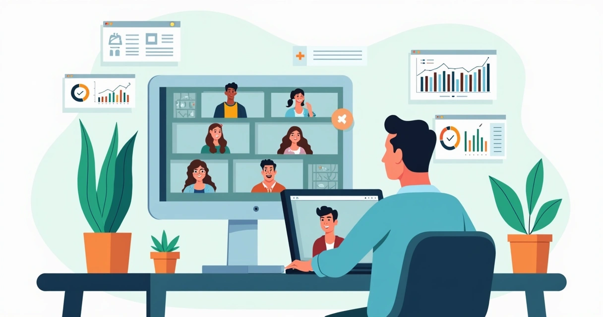 Gestor acompanhando desempenho de time remoto em videoconferencia com graficos de resultados 