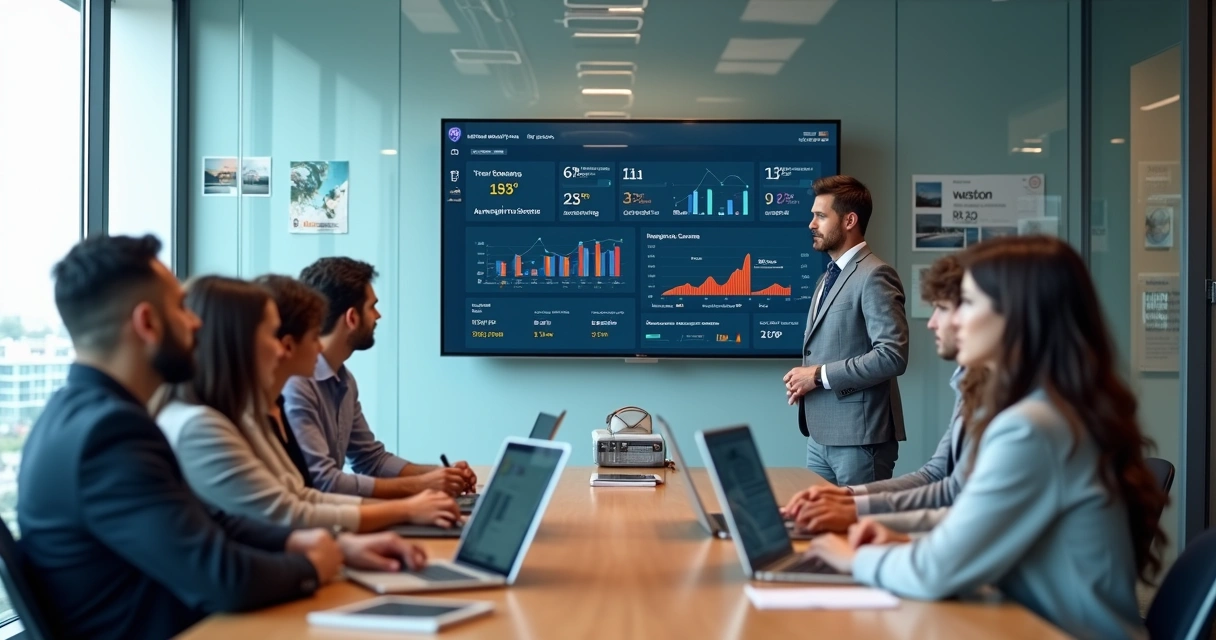 Gestor de agência de viagens analisando desempenho do time de vendas em painel digital 