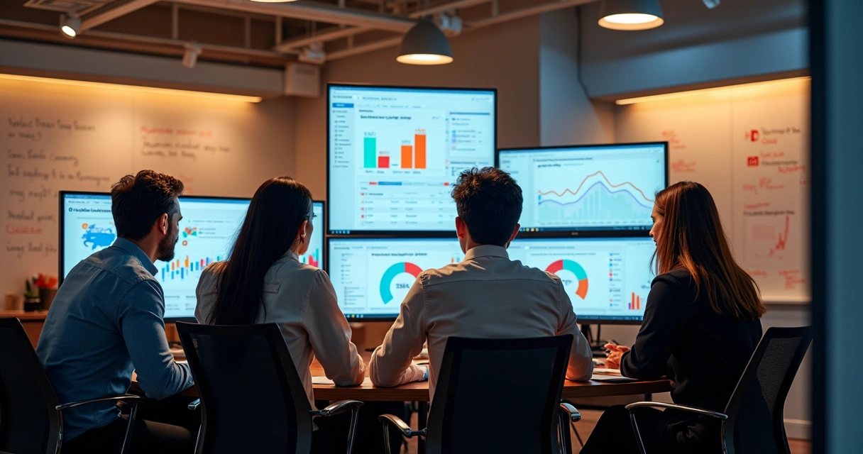 Profissionais analisando campanhas de tráfego pago em telas de computador 