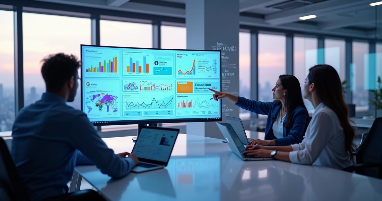 Equipe analisando painel de métricas de campanhas de tráfego pago em várias plataformas digitais 