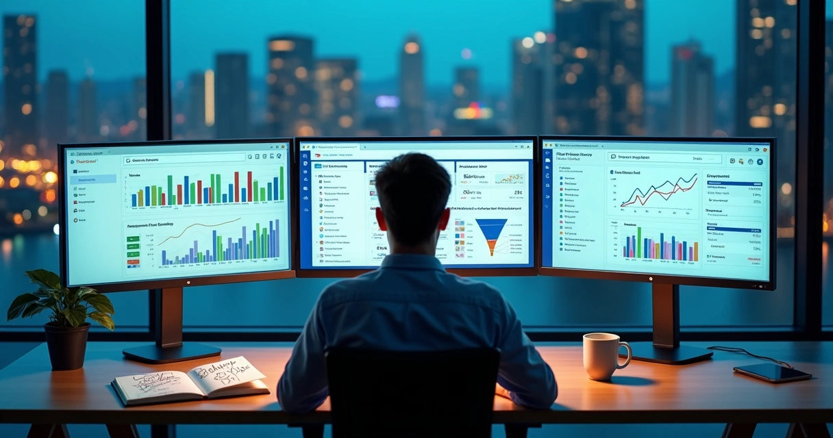 Gestor analisando painel de campanhas de tráfego pago em várias plataformas digitais 