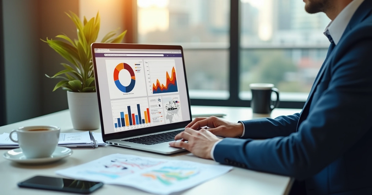 Pessoa analisando relatórios de transporte corporativo em laptop com gráficos financeiros e indicadores de performance na tela 