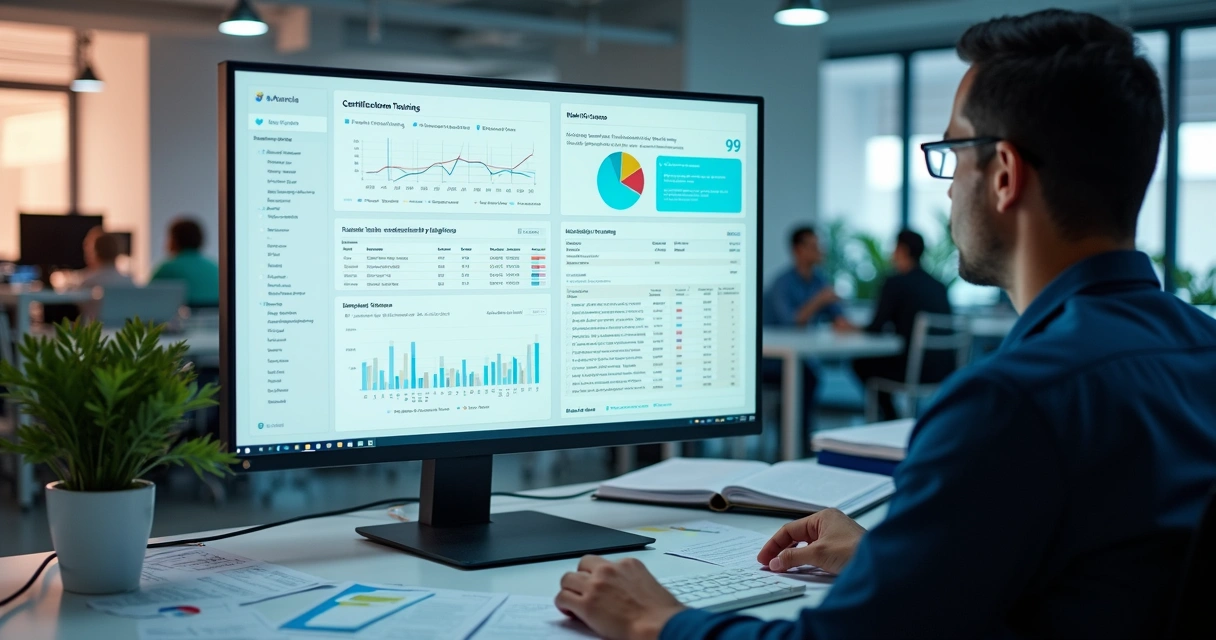 Gestor visualizando plataforma centralizada de treinamentos na tela do computador 