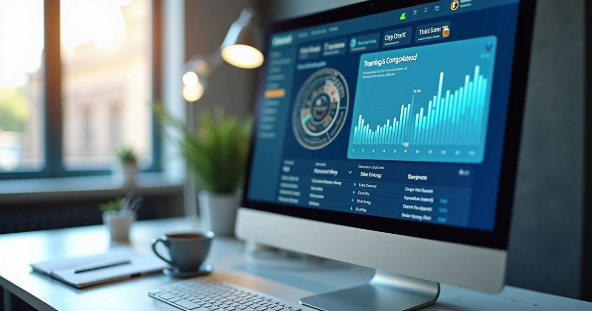 Tela de computador mostrando gráficos de treinamento e certificado digital com QR Code ao lado 