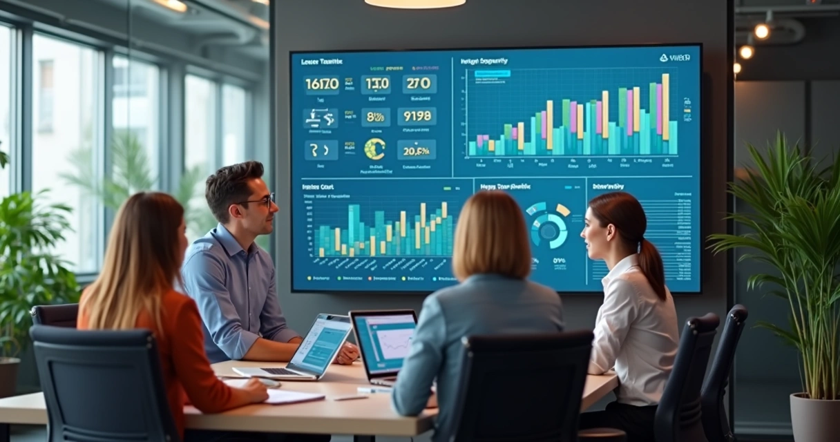 Equipe de RH analisando dashboard de plataforma de treinamento 