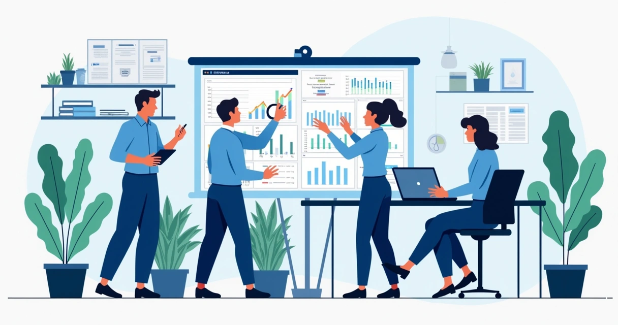 Equipe de RH analisando dados de plataforma de treinamento corporativo 