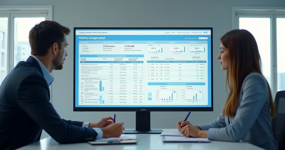 Painel de gestão de treinamento por filiais em escritório corporativo
