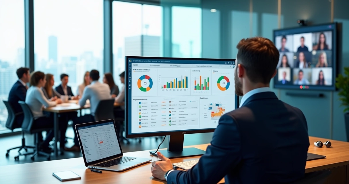 Gestor acompanhando painel digital de treinamentos corporativos em escritório moderno 