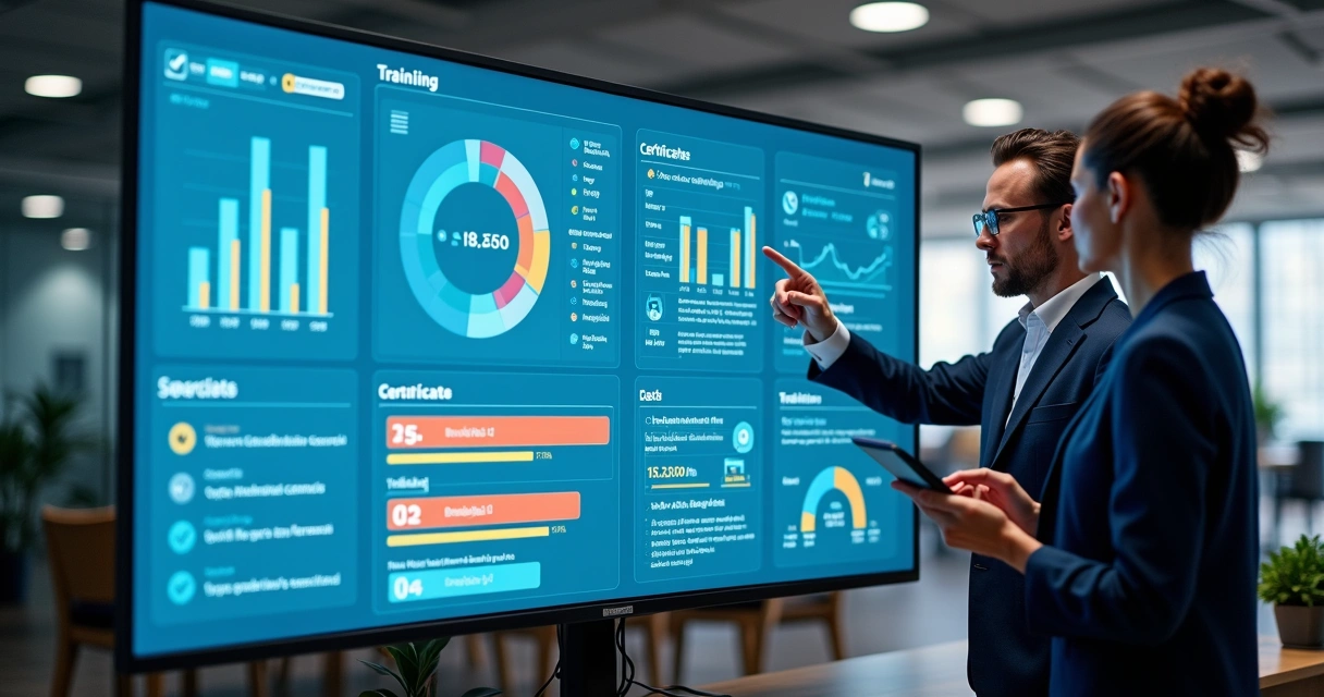 Painel digital com indicadores de treinamentos corporativos em tela de computador 