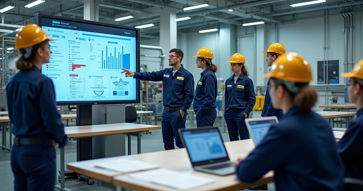 Jovens aprendizes em ambiente industrial participando de treinamento supervisionado 