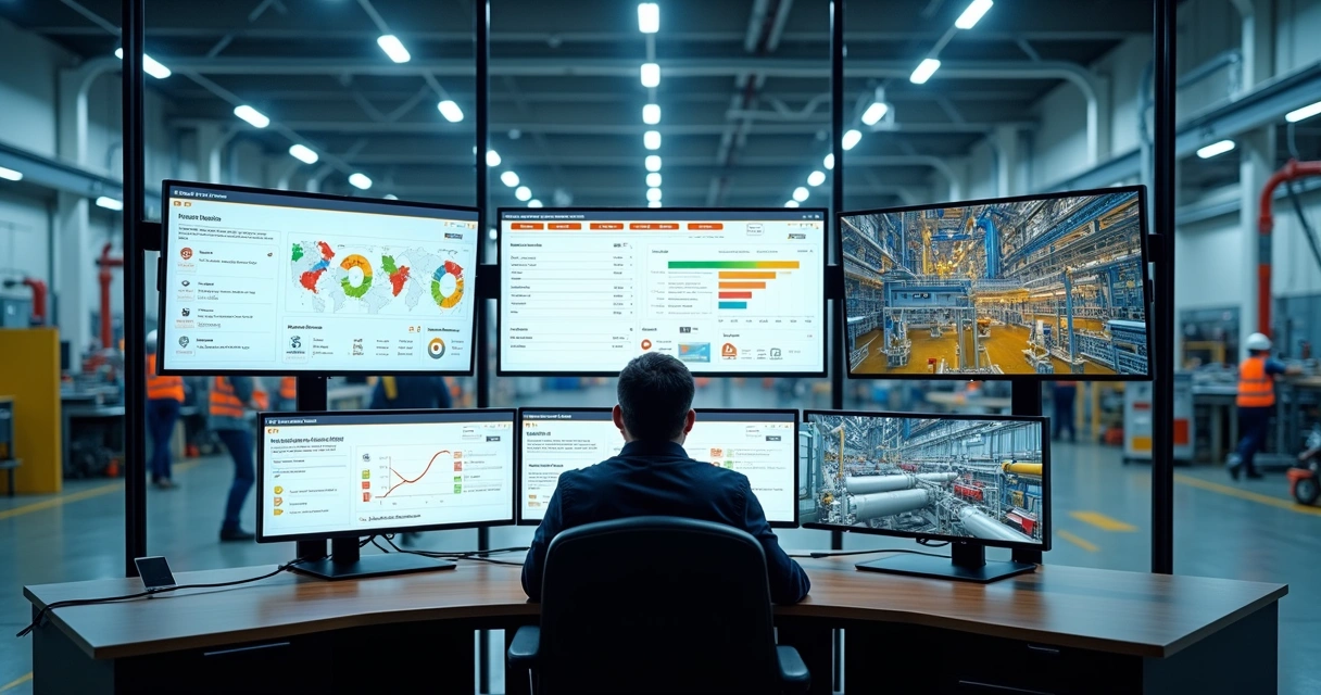 Sala de controle industrial com telas exibindo treinamentos NR digitais e status de segurança 