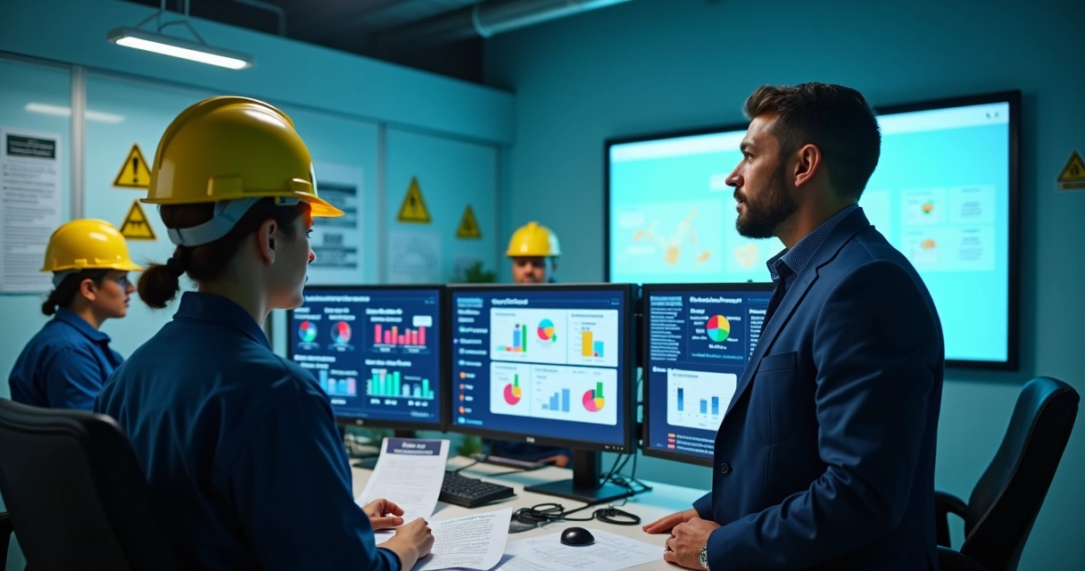 Gestor analisando relatórios de treinamentos NR10 em tela de computador empresarial