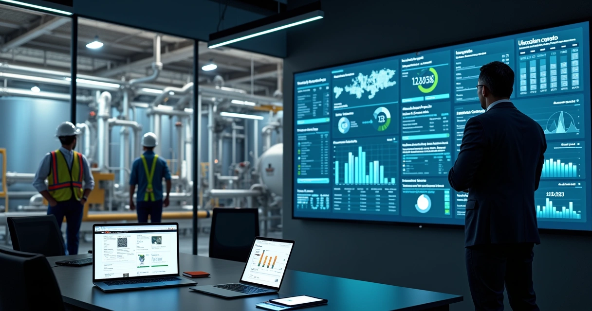 Gestor analisando painel digital de treinamentos NR 33 com equipe em ambiente industrial 