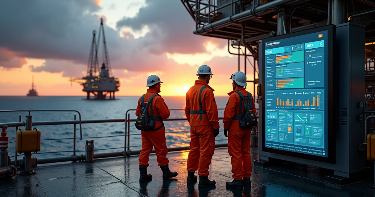 Equipe em plataforma offshore acompanhando painel digital de treinamentos de segurança 