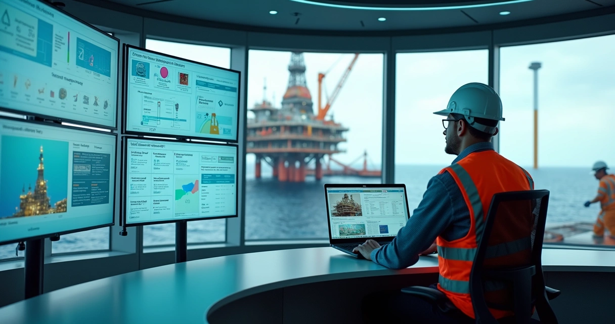 Gestor analisando painel de treinamentos EAD em ambiente offshore 