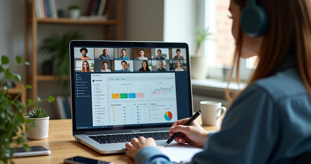 Equipe remota em videoconferência participando de treinamento online com gráficos na tela 