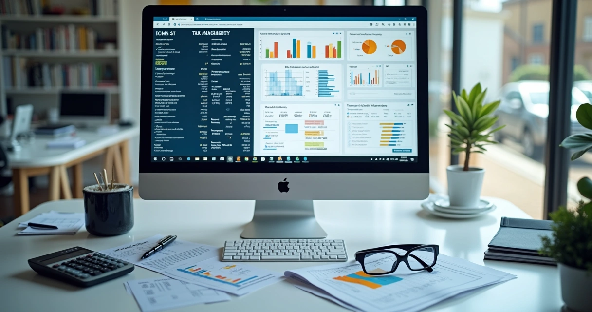 Tela de computador exibindo software de gestão tributária com cálculos e gráficos de ICMS-ST automatizados 