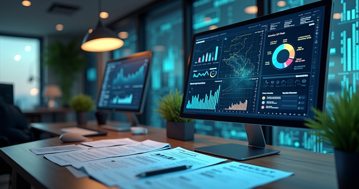 Tela de computador exibindo análise de dados fiscais e gráficos de compliance tributário com processos automatizados 