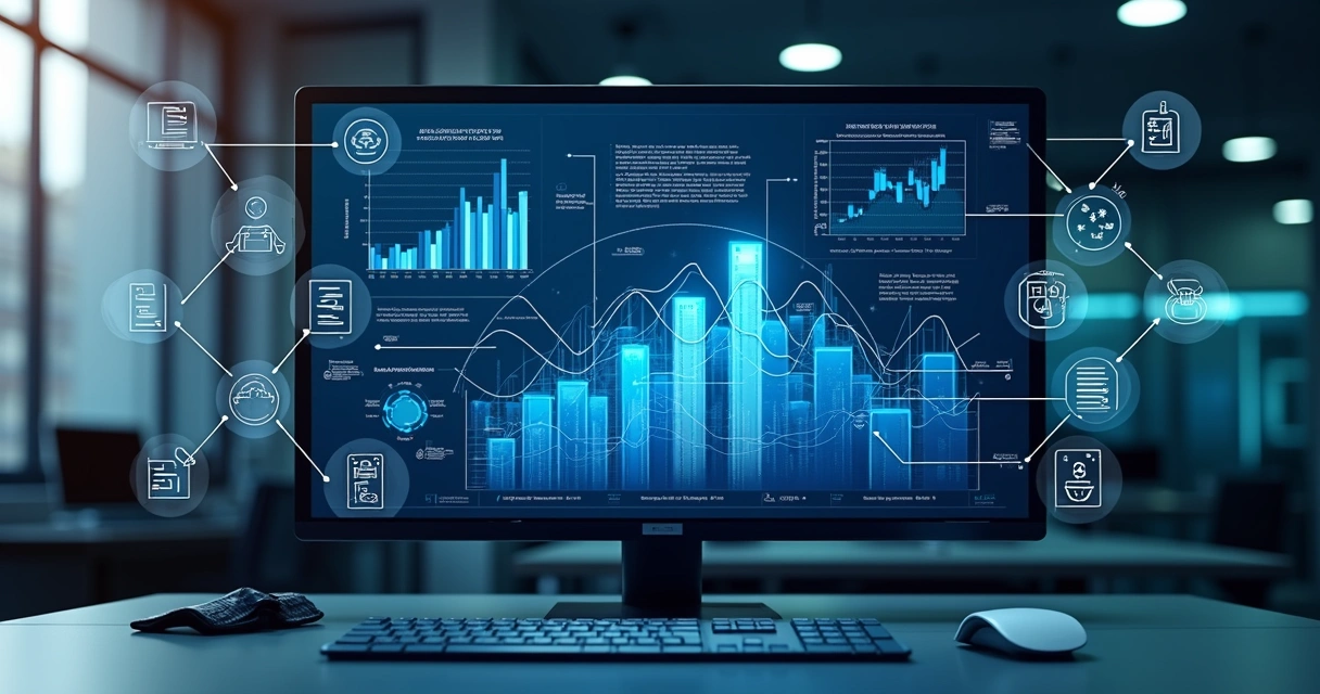 Computador com sistema de gestão tributária e gráficos digitais na tela em ambiente de escritório moderno 
