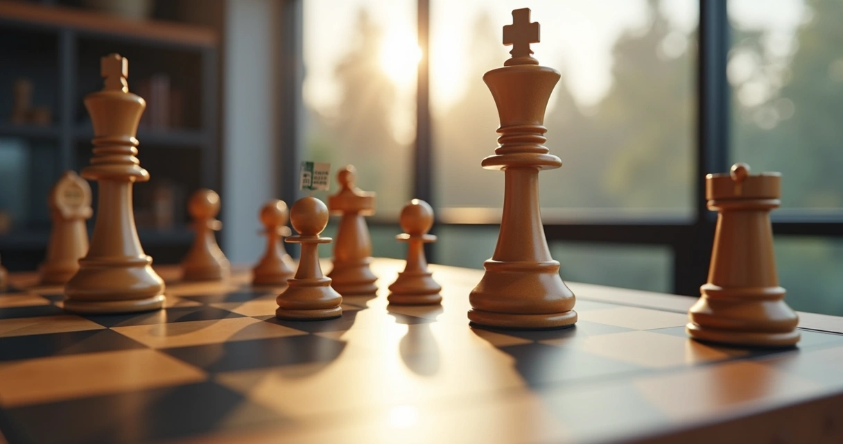 Xadrez com peças representando conceitos fiscais em tabuleiro de madeira 