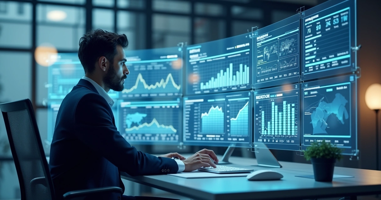 Profissional analisando gráficos e notas fiscais eletrônicas para gestão tributária com IA 
